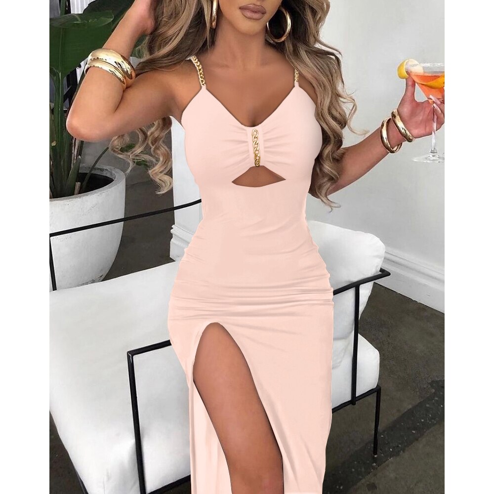 V-Neck Chain Décor High Slit Dress